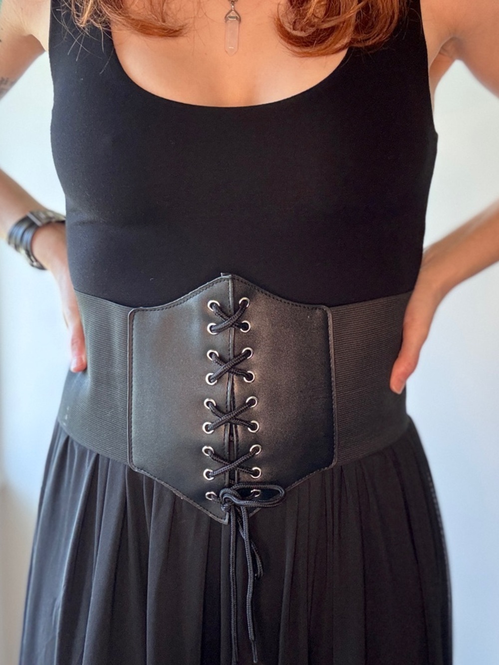 Black Corset Waist Belt Lace Up Elastic Cincher Gothic Renaissance OS